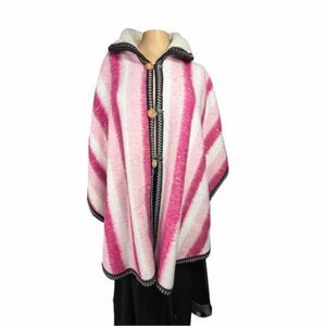Pink & White Striped Hooded Poncho Cape
